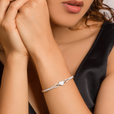 Silver Zircon Studded Heart Bracelet (Adjustable) - Image 4
