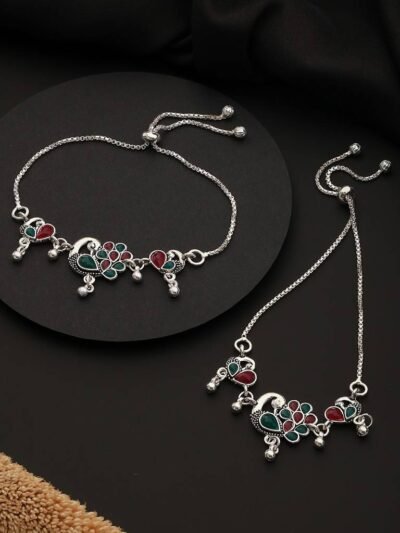 Set Of 2 Silver-Plated Stone-Studded Anklets (Adjustable) - Image 2