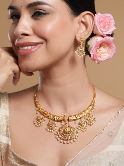 22K Gold-Plated Ruby, Emerald & CZ Studded Pearl Drops Lakshmi Temple Necklace Set - Image 2