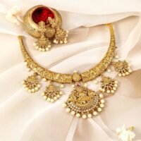 22K Gold-Plated Ruby, Emerald & CZ Studded Pearl Drops Lakshmi Temple Necklace Set