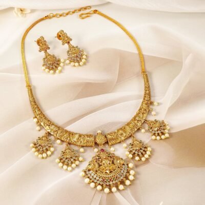 22K Gold-Plated Ruby, Emerald & CZ Studded Pearl Drops Lakshmi Temple Necklace Set - Image 3