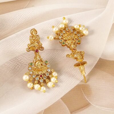22K Gold-Plated Ruby, Emerald & CZ Studded Pearl Drops Lakshmi Temple Necklace Set - Image 5