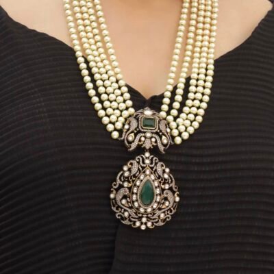 Pearl And Emerald Antique Finish Kundan Polki Long Necklace Haar - Image 3