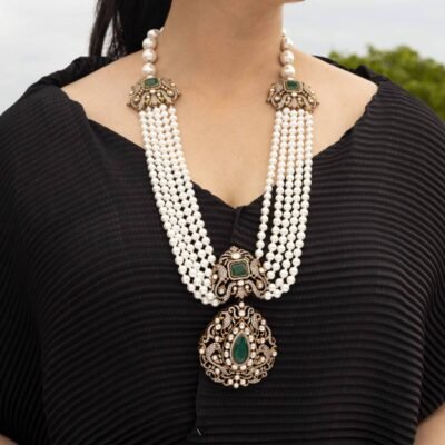 Pearl And Emerald Antique Finish Kundan Polki Long Necklace Haar - Image 2