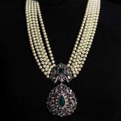 Pearl And Emerald Antique Finish Kundan Polki Long Necklace Haar - Image 4