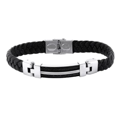 Leather Bracelet for Men Black Wrist Bracelet Stainless Steel Black