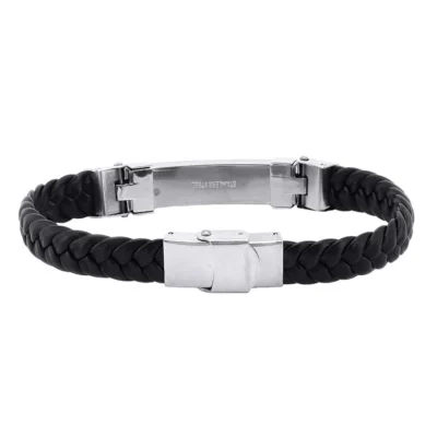 Leather Bracelet for Men Black Wrist Bracelet Stainless Steel Black - Image 3