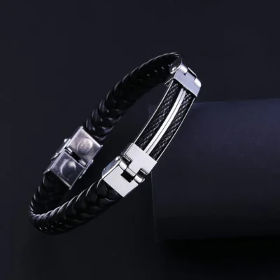 Leather Bracelet for Men Black Wrist Bracelet Stainless Steel Black - Image 4