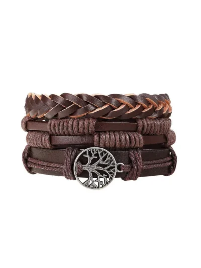 Leather Bracelet for Men Wide Brown Color Multi-Layred Leather