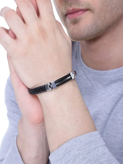 Leather Bracelet for Men Black Wrist Bracelet Stainless Steel Black - Image 2