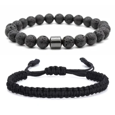 Bracelet for Men and Boys | 2 Pcs Combo of Black Nylon and Lava Rock Beads Bracelet (Combo)