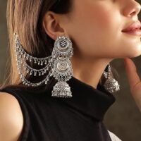 Rubans Oxidised Silver Plated Ghumroo Beaded Dome Jhumka with Triple Layer Hair Chain for Womens & Girls