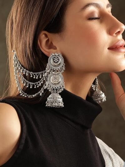 Rubans Oxidised Silver Plated Ghumroo Beaded Dome Jhumka with Triple Layer Hair Chain for Womens & Girls