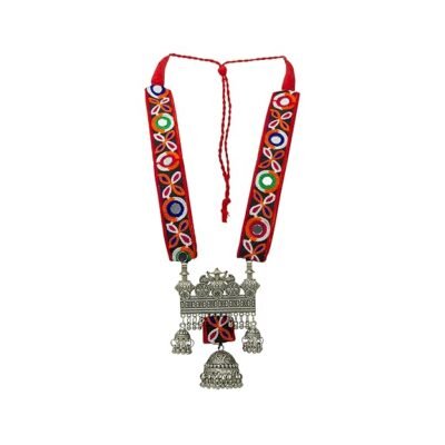 Kutchhi Lace Work Red Colour Long Adjustable NECKLACE Set with Earrings Garba Special | Navratri Festival Jewellery - Image 3
