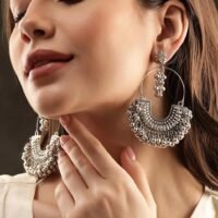 Rubans Silver oxidized ghungroo beaded statement chandbali earrings
