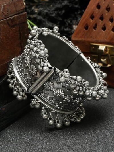 YouBella Jewellery for Women Celebrity Inspired Oxidised Silver Plated Cuff Bracelet Bangle for Women and Girls
