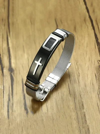 Western Style Cross Design Printed Causal Wear Wristband Opening Bracelet for Men and Boys - Image 2
