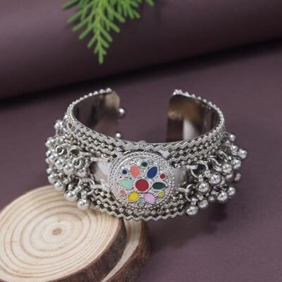 Navratri Ethnic Silver Oxidised Afghani Ghungroo with Colorful Design Adjustable