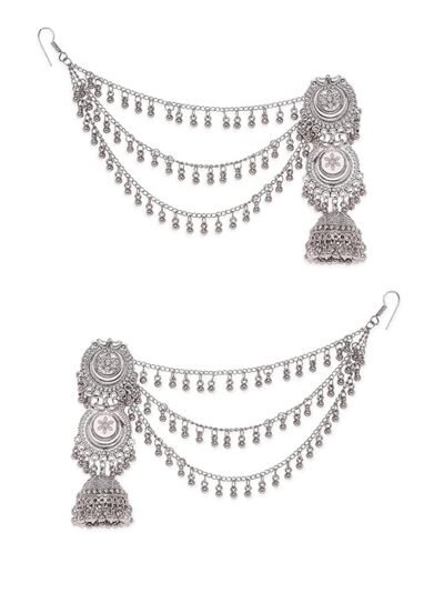 Rubans Oxidised Silver Plated Ghumroo Beaded Dome Jhumka with Triple Layer Hair Chain for Womens & Girls - Image 2