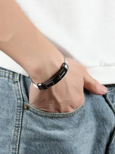 Western Style Cross Design Printed Causal Wear Wristband Opening Bracelet for Men and Boys - Image 3