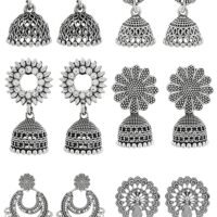 Traditional Oxidised Silver Jhumka Earrings for women ( Big Jhumki Combo pack of 6 )