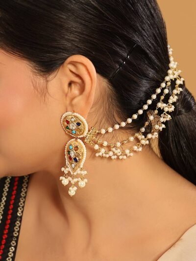 22K Gold Plated Golden Elegance Triple Strand Pearl Ear Chain (Adjustable)