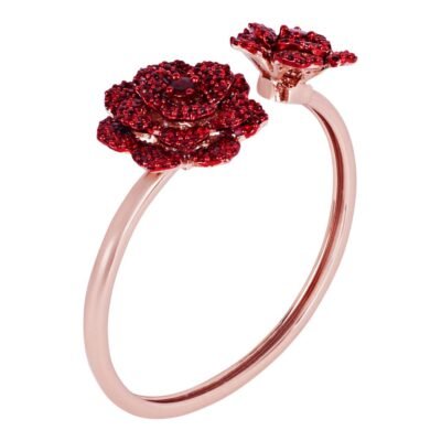 Premium Rosegold Plated Floral Rose Motif Cuff Bracelet With Ruby Red Stones -Adjustable & Comfort Fit For All Wrist Sizes - Image 2