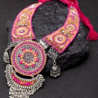 Multicolor Embroidered Afghan Tasseled Design Antique Oxidised Necklace