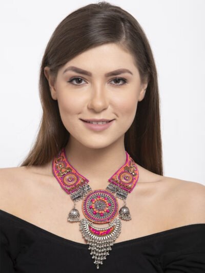 Multicolor Embroidered Afghan Tasseled Design Antique Oxidised Necklace - Image 2