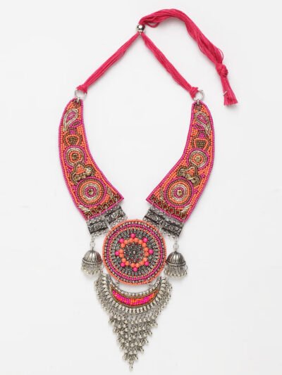 Multicolor Embroidered Afghan Tasseled Design Antique Oxidised Necklace - Image 3
