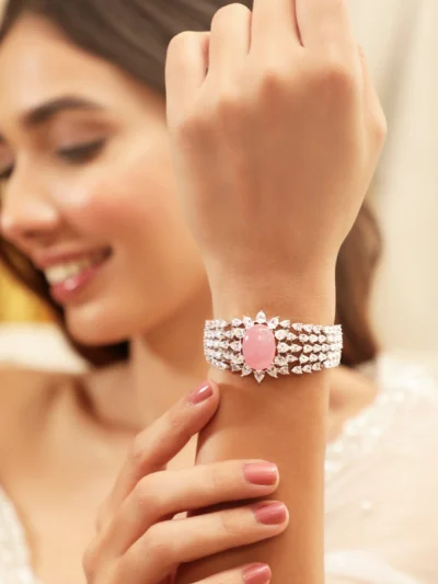 Plated Marquise Crystal CZ & Pastel Pink Gemstone Studded Luxury Bracelet - Image 2