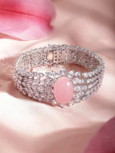 Plated Marquise Crystal CZ & Pastel Pink Gemstone Studded Luxury Bracelet
