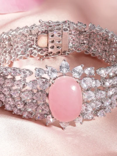 Plated Marquise Crystal CZ & Pastel Pink Gemstone Studded Luxury Bracelet - Image 3