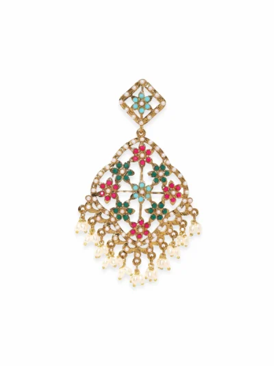 Antique Gold Plated Multi Colour Pearl Studded Statement Chandbali Earrings - Image 5