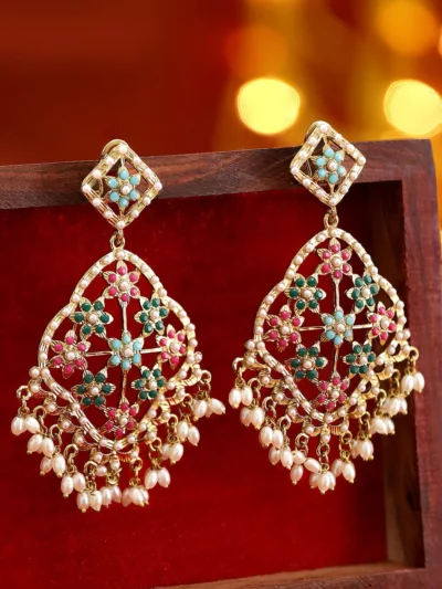 Antique Gold Plated Multi Colour Pearl Studded Statement Chandbali Earrings - Image 2