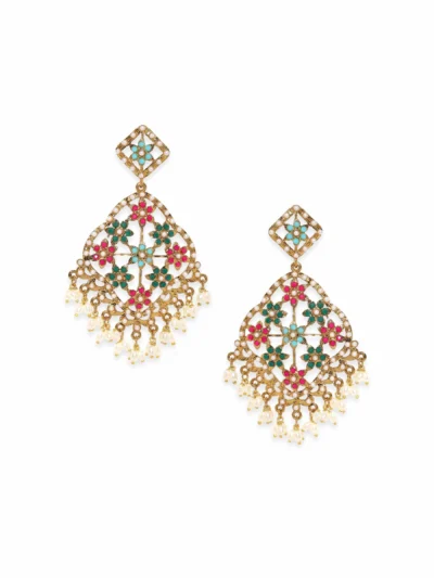 Antique Gold Plated Multi Colour Pearl Studded Statement Chandbali Earrings - Image 4