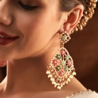 Antique Gold Plated Multi Colour Pearl Studded Statement Chandbali Earrings