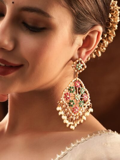 Antique Gold Plated Multi Colour Pearl Studded Statement Chandbali Earrings