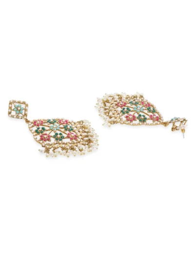 Antique Gold Plated Multi Colour Pearl Studded Statement Chandbali Earrings - Image 3
