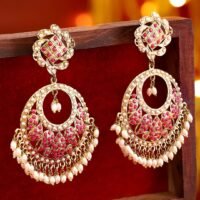 Antique Gold Plated Ruby Zirconia & Pearl Studded Statement Chandbali Earring