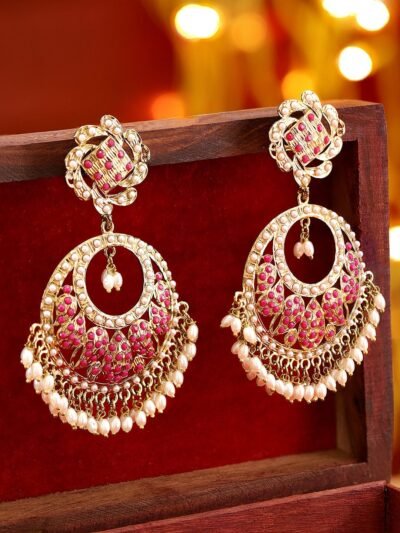 Antique Gold Plated Ruby Zirconia & Pearl Studded Statement Chandbali Earring