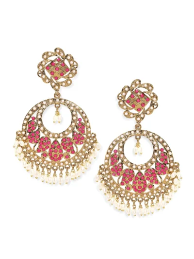 Antique Gold Plated Ruby Zirconia & Pearl Studded Statement Chandbali Earring - Image 3