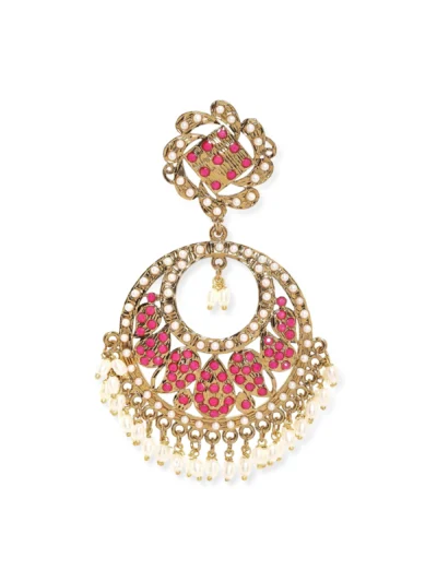 Antique Gold Plated Ruby Zirconia & Pearl Studded Statement Chandbali Earring - Image 4