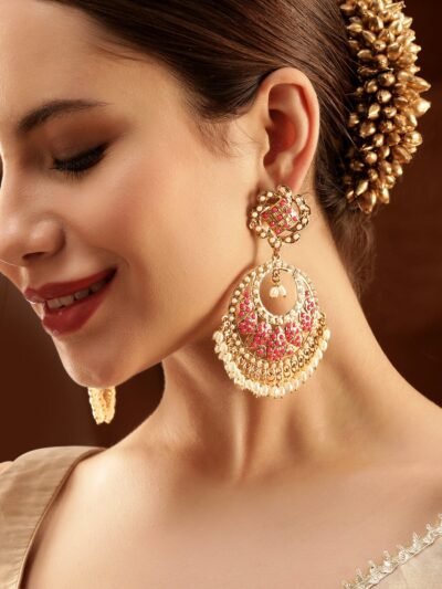 Antique Gold Plated Ruby Zirconia & Pearl Studded Statement Chandbali Earring - Image 2