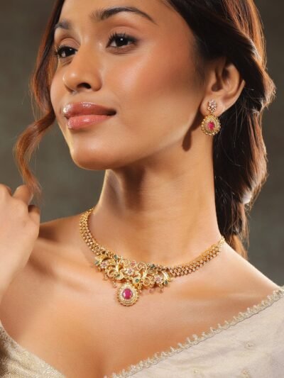 Gold-Plated Ruby Pink & Emerald Cubic Zirconia Studded Handcrafted Necklace Set - Image 3
