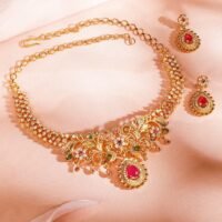 Gold-Plated Ruby Pink & Emerald Cubic Zirconia Studded Handcrafted Necklace Set