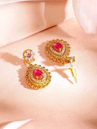 Gold-Plated Ruby Pink & Emerald Cubic Zirconia Studded Handcrafted Necklace Set - Image 5