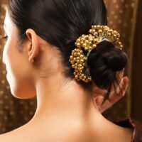 Toned Handcrafted Hair Bun Accessory with Golden Pearl Beads