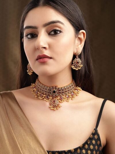 Luxury 24K Gold Plated Handcrafted Ruby stone & Gold Pearls Studded Choker Set - Image 3