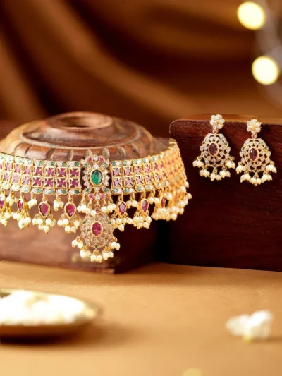 Luxury 24K Gold Plated Handcrafted Ruby stone & Gold Pearls Studded Choker Set - Image 2